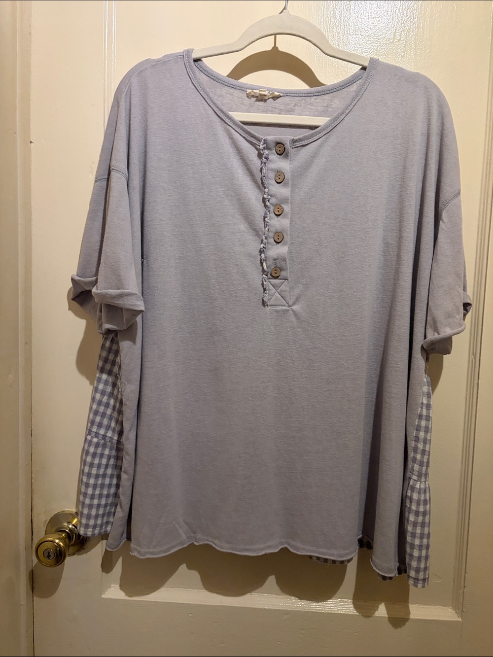 easel Light Lavender Henley short sleeve with Gingham Detail on back.  large